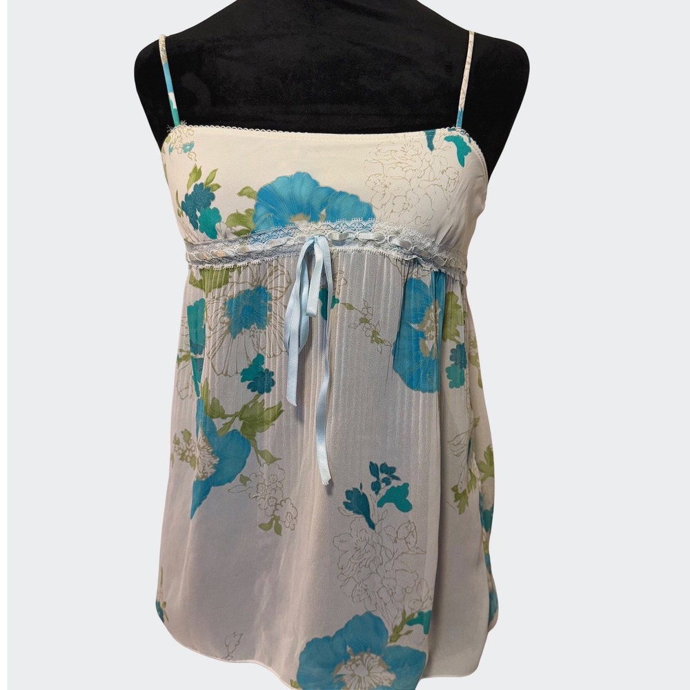 Women's Y2K Babydoll Sheer Tank Top Floral Ribbon Blouse White Blue Lace SZ S